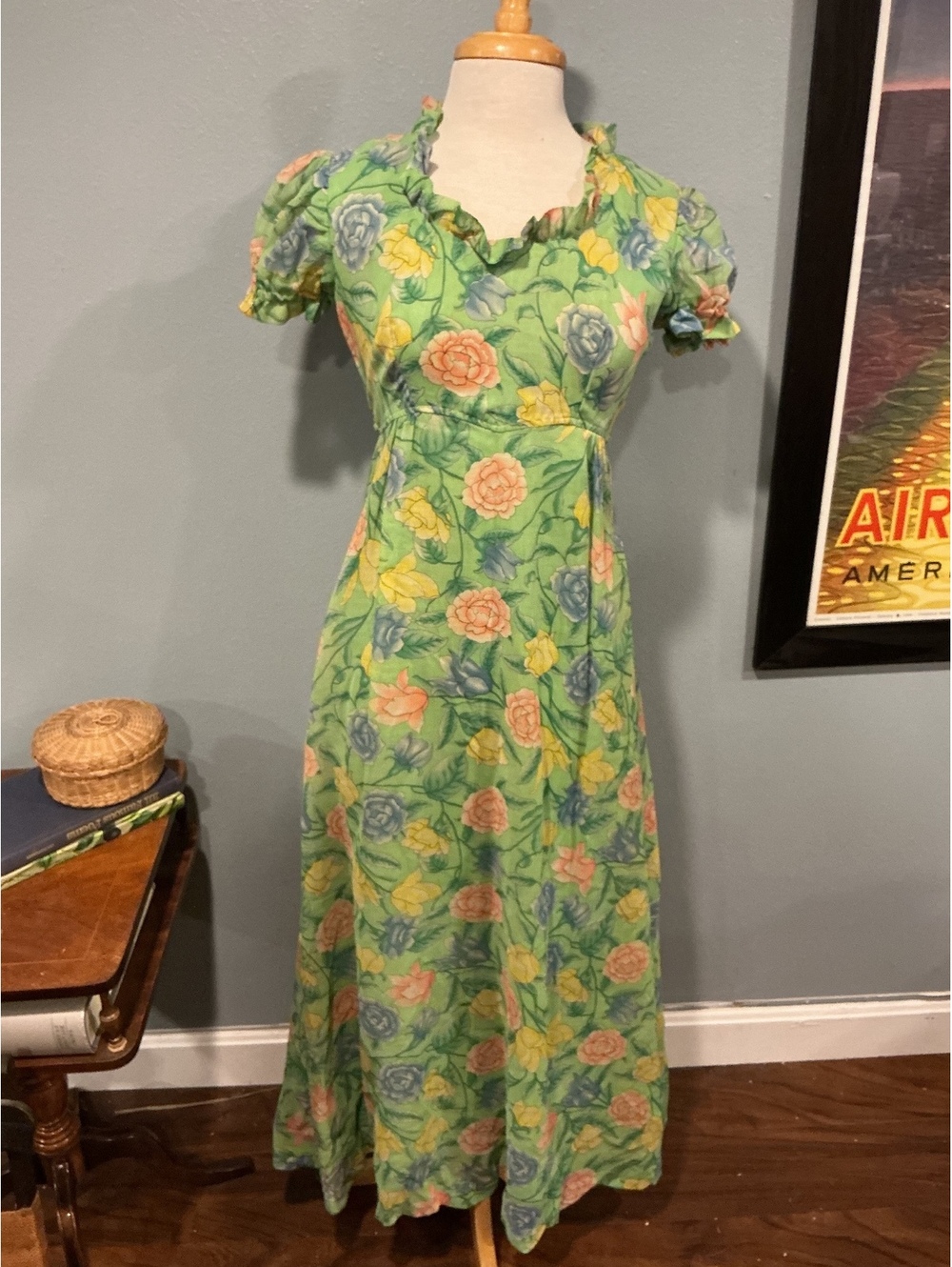Vintage 1960s 70s Floral Maxi Dress Union Made Green Rose Print